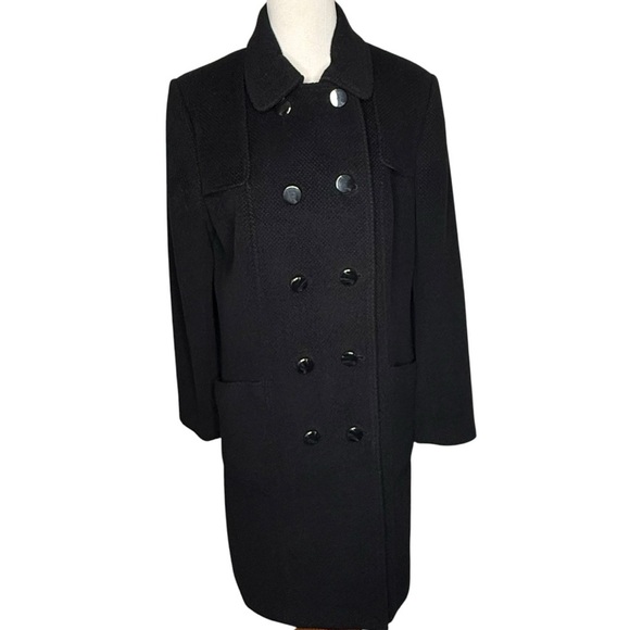 Talbots Black Wool Coat Size 14 Textured Double Breasted Long Pink Satin Lining - Picture 3 of 16